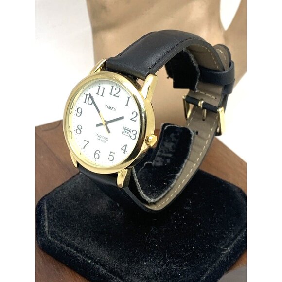 Timex Men's Watch T2H291 Quartz Indiglo Gold White Dial Black Leather Band 35mm - Picture 2 of 14